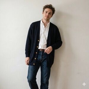 Vintage Mac Elton Cardigan Sweater Mens 42 Large Navy Blue Pure New Wool Prepp2